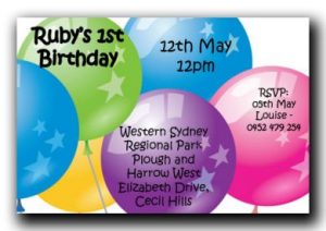 BIRINV03 colourful balloons 1st Birthday Gloss Invitation