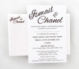 WEDIV107 Printed white metallic wedding invitation printed in brown