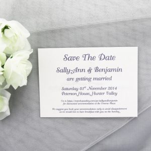 SAVDAT01 White, Printed in Purple Save the Date Card