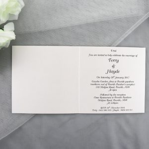 WEDINV117 inside of Ivory Silver and Pink Wedding Invitation with Heart Diamante
