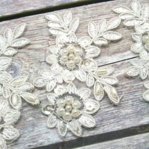 Two Flowers Beaded Ivory Lace Piece for Invitations