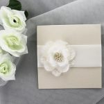WEDINV08 Ivory Square Invitation with White Ribbon and Flower