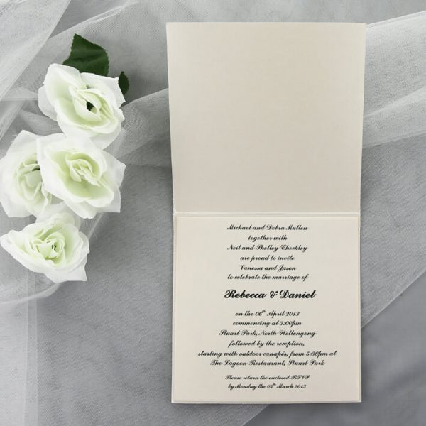 WEDINV08 inside of Ivory Square Invitation with White Ribbon and Flower