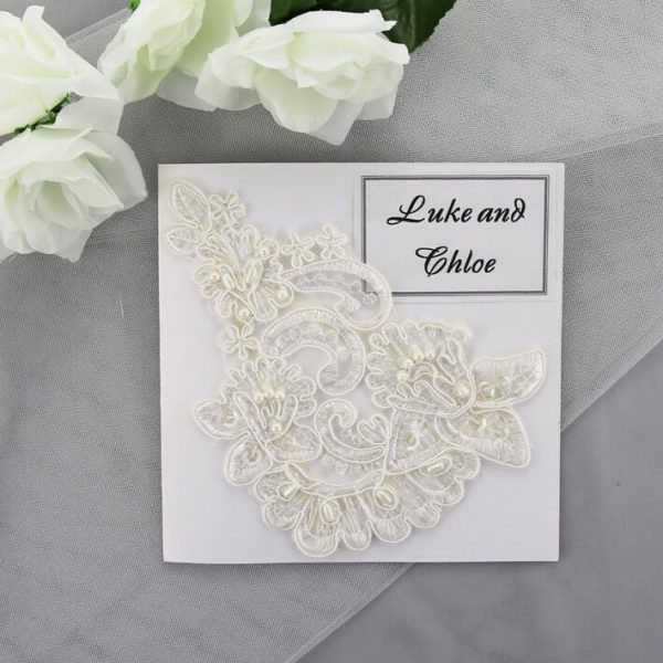WEDINV09 White Invitation with Beaded Lace
