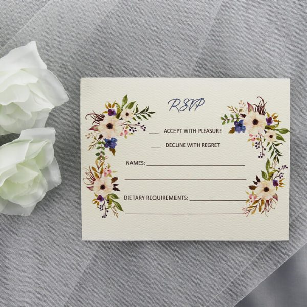 WEDINV120 watercolour blue and cream floral rsvp card