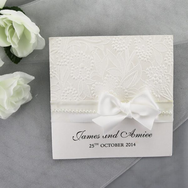 WEDINV154 White Wedding Invitation with White Floral Paper, Ribbon and Pearls