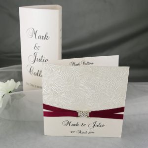 WEDINV160 Red and ivory diamante wedding invitations with table menu