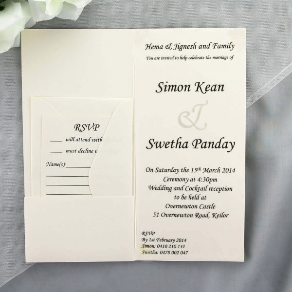 WEDINV29 inside of Cream and black wedding invitation with pocket
