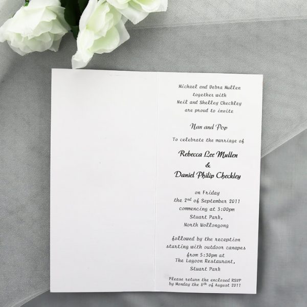 WEDINV31 inside of white Textured Invitation with Blue Satin Ribbon