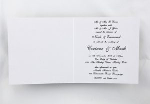 WEDINV54 Square White Metallic wedding Invitation Card with Black Lace Black Satin Ribbon and Bow and Diamante and Pearl Buckle inside