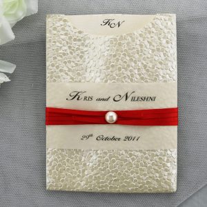 WEDINV55 Cream Pebble Pocket Invitation with Red Ribbon and Pearl