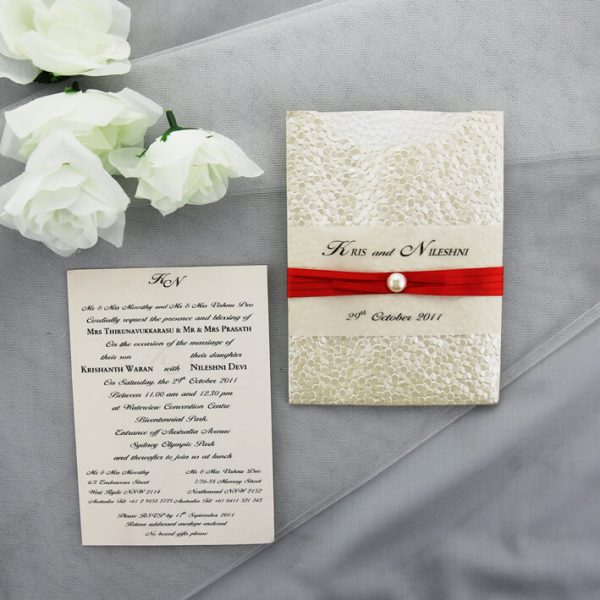 WEDINV55 Cream Pebble Pocket Invitation with Red Ribbon and Pearl and insert