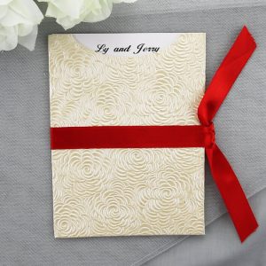 WEDINV60 Bouquet Ivory Pocket with Red Satin Ribbon