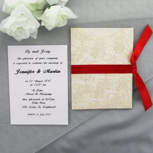 WEDINV60 Bouquet Ivory Pocket with Red Satin Ribbon with insert