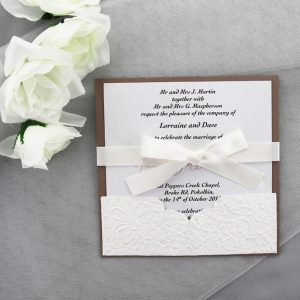 WEDINV65 Brown and White Invitation with Flowers Pocket and White Bow