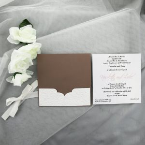WEDINV65 Brown and White Invitation with Flowers Pocket and White Bow and back card