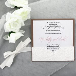 WEDINV65 Brown and White Invitation with Flowers Pocket and White Bow on side
