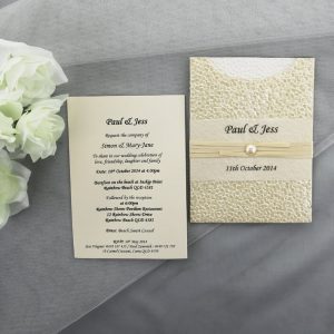 WEDINV72 Ivory Pebbles Pocket Invitation with Cream Ribbon and Pearl with insert