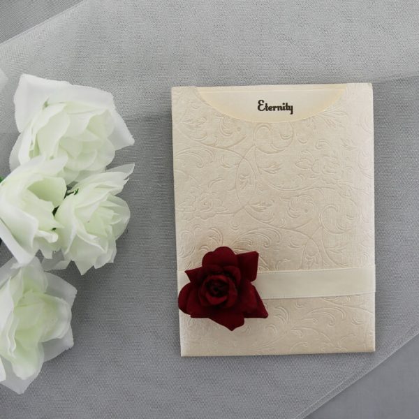 WEDINV83 Ivory Pocket Invitation with Ivory Ribbon and Red Rose