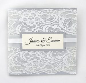 WEDINV105 White lace on silver and cream wedding invitation