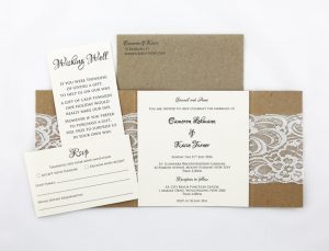WEDINV106 inside of Rustic white and brown lace invitation with envelope rsvp and wishing well