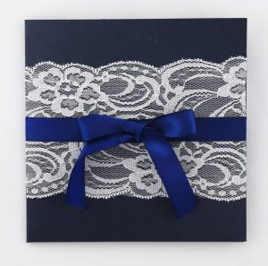 WEDINV107 White lace and blue bow country invitation