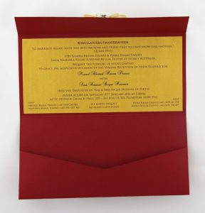 WEDINV108 inside of Maroon Red and Bright Gold Wedding Invitation Pouch with cream and gold ribbon and Diamante with pouch