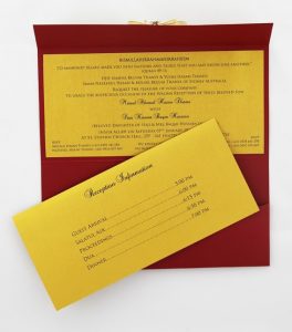 WEDINV108 inside of Maroon Red and Bright Gold Wedding Invitation Pouch with cream and gold ribbon and Diamante with pouch and reception information card