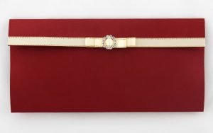 WEDINV108 Maroon Red and Bright Gold Wedding Invitation Pouch with cream and gold ribbon and Diamante