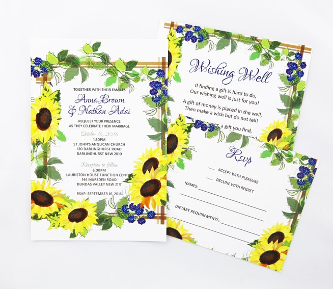 WEDINV111 watercolour sunflowers printed wedding invitation set