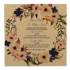 WEDINV125 Watercolour flowers blue and cream on brown card wedding invitation