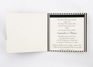 WEDINV141 Black Stripes wedding invitation Black Ribbon and Bow with Diamante inside