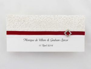 WEDINV145 White wedding invitation White Pebbles Paper white and red Ribbon and Diamond diamante