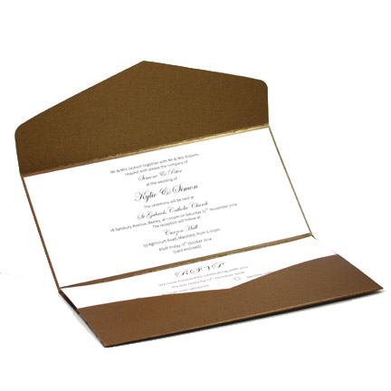 WEDINV149 Bronze DL Pouch Pocket Invitation with Bow and Diamante R1