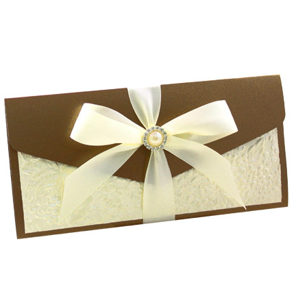 WEDINV149 Bronze DL Pouch Pocket Invitation with Bow and Diamante