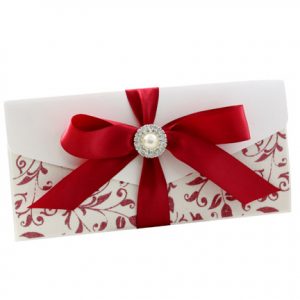 WEDINV153 DL Pouch in White Metallic with Red Glitter Paper Red Ribbon and Ivory Buckle
