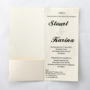 WEDINV29 DL Cream Metallic wedding Invitation with Translucent Pocket Black Satin Ribbon and Bow invitation inside