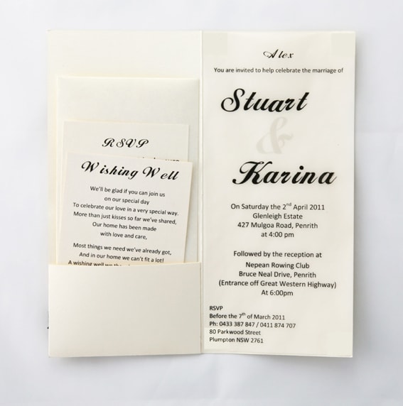 WEDINV29 DL Cream Metallic wedding Invitation with Translucent Pocket Black Satin Ribbon and Bow invitation inside with additional cards