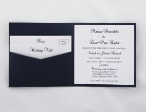 WEDINV49 inside of Navy blue and white square invitation with pocket rsvp and wishing well card