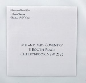 WEDINV49 white with Navy blue printing envelope