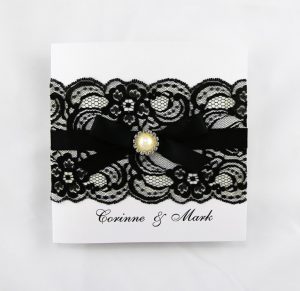 WEDINV54 Square White wedding Invitation Card with Black Lace Black Satin Ribbon and Bow and Diamante and Pearl