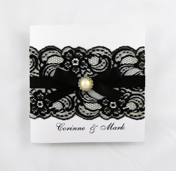 WEDINV54 Square White wedding Invitation Card with Black Lace Black Satin Ribbon and Bow and Diamante and Pearl