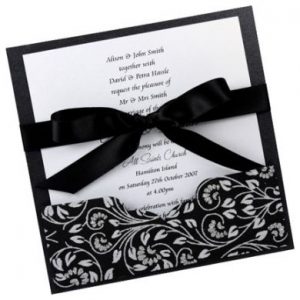 WEDINV66 Square Black Matte and White Metallic Invitation Card with Black Floral Pocket and Black Satin Ribbon