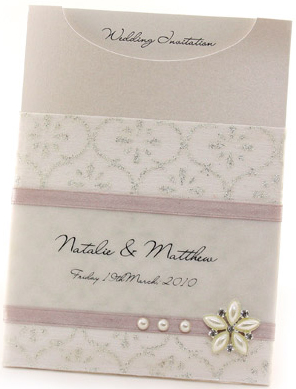 WEDINV68 C6 Cream Metallic Pocket Invitation with Taj Royale Paper Pink Satin Ribbon Ivory Flower Buckle and Pearl Studs