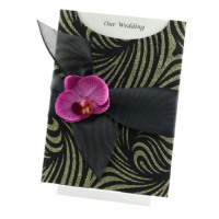 WEDINV82 C6 Venus Black and Gold Glitter Pocket Invitation with Black Sheer Ribbon and Purple Orchid