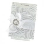 WEDINV85 C6 Silver Glitter Venus Pocket Invitation with White Satin Ribbon and Buckle