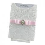 WEDINV96 C6 Destiny White Pocket Invitation with Pink Satin Ribbon and Ivory Pearl Buckle