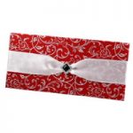 WEDINV97 DL White Metallic Invitation with Front Covered in Olivia Red Foil Paper with Silk Ribbon and Ebony Diamante