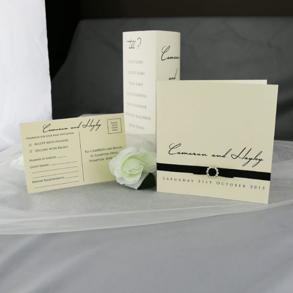 TABMEN10 cream and black wedding invitations with table menus and rsvp card