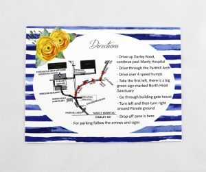 WEDINV101 By the sea blue stripes and yellow flowers printed directions card